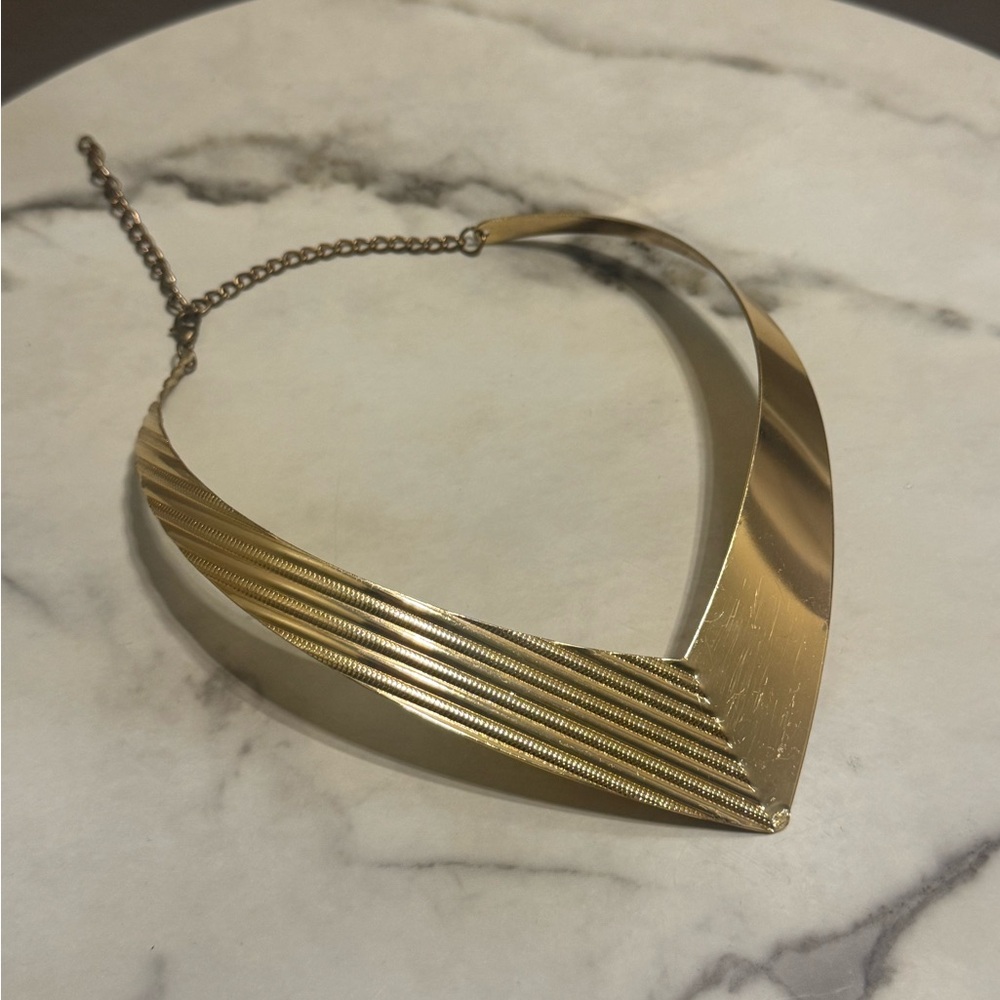 Vintage Gold Tone Chevron Collar Necklace Modernist V Choker 19” + 2.5” Extender